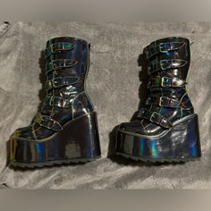 Made With Black Hologram Vegan Leather. It Has Adjustable Buckles As Well As A Back Zipper For Easy On And Off. It Has A Tall Platform That Is 3 Inches With A 6 Inch Heel. Excellent Condition. Yru Shoes Platform, Yru Shoes, 6 Inch Heels, Platform Boots, Vegan Leather, Stuffed Mushrooms, Loafers, Women Shoes, Zipper