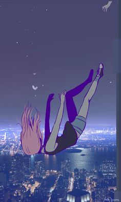 a woman flying through the air above a city at night with her legs spread out