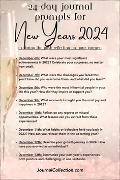 "Light pink background with champagne glasses in the background, showcasing the title: '24-day Journal Prompts for New Year's 2024.' 
"Light blue background with champagne glasses in the background, showcasing the title: '24-day Journal Prompts for New Year's 2024.
Light yellow background , showcasing the title: '24-day Journal Prompts for New Year's 2024. This is part one of three parts for JournalCollection.com
 This is three part carousel for JournalCollection.com. Goals Affirmations, Journal Collection, Quiet Space, Gratitude Journal Prompts, Life Review, Daily Journal Prompts, Spiritual Journals, Journaling Prompts