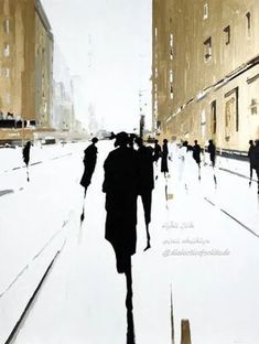 a painting of people walking down a city street in the snow, with tall buildings behind them