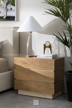 a lamp sitting on top of a wooden dresser next to a plant and a couch