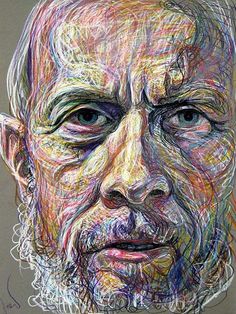 a drawing of an older man's face with multicolored lines on it