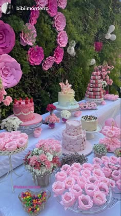 a table topped with lots of cakes and cupcakes