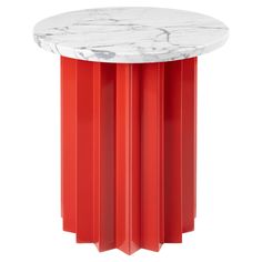 an orange table with a marble top and four red bars on the bottom, in front of a white background