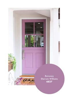 the front door is painted purple and has glass panels