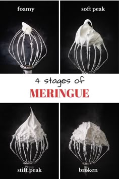 four stages of meringue being whipped in a mixer