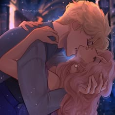 a man and woman are kissing in front of the night sky with stars behind them