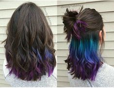 Under Hair Color, Bob Pendek, Childhood Activities, Peekaboo Hair Colors, Purple Ombre Hair, Galaxy Hair