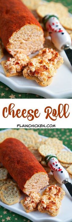 cheese roll on a plate with crackers next to it and the words cheese roll