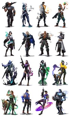 an image of some characters from overwatch with different poses and abilitiess on them