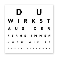 an eye chart is shown with the words happy birthday written in black on white paper