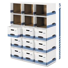 a large stack of white drawers with blue stripes on the bottom, and five smaller boxes below each drawer