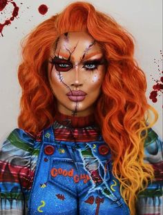 Face Painted Halloween Costumes, Wearable Halloween Makeup, 2024 Halloween Makeup, Halloween Costume With Black Hair, Chucky Inspired Makeup, Gore Makeup Looks, Best Women Halloween Costumes, Halloween 2024 Makeup, Halloween Manikin Head Ideas