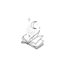 an open book with the moon and stars coming out of it's pages, on a white background