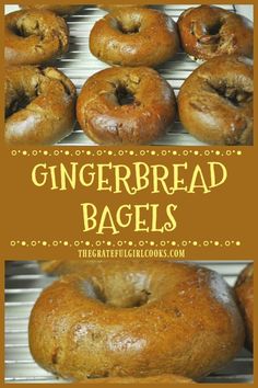 there are many bagels that are on the rack and in front of them is an orange sign reading, gingerbread bagsel