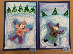 two paper cut outs depicting children playing in the snow