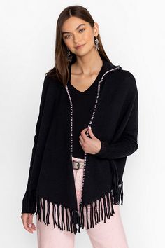 Crafted from a breathable cotton and linen blend, the Fringe Open Poncho adds unique styling to a classic layering piece. Featuring an open front bordered with a contrasting trim, this poncho offers Dolman sleeves and a hood and is finished with fringe detailing along the edges. Layer over a swimsuit and pair with linen shorts for an evening at the beach. Johnny Was Women's The Fringe Open Poncho in Black, Size XL, Linen/Cotton