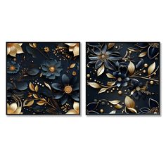 two black and gold wall art pieces with flowers on the left side, one is blue and