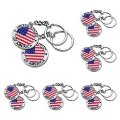 six key chains with american flags and the words united states of america written on them