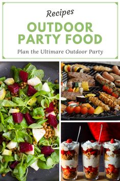 an outdoor party with food and drinks on the table, including salads, desserts and