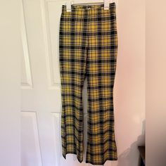 Nwt Yellow Plaid Flare Pants Yellow Wide Leg Bottoms For Fall, Casual Full-length Yellow Bottoms, Casual Fitted Yellow Bottoms, Yellow Full Length Bottoms For Fall, Trendy Yellow High-waisted Pants, Yellow Stretch Bottoms For Fall, Trendy Fall Bottoms By H&m, Yellow Stretch Trousers, Stretch Bottoms By H&m For Fall