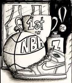 a black and white drawing of a pair of basketball shoes with the number 7 on them