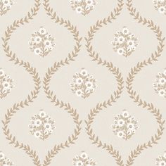 a beige and white wallpaper with small flowers on the bottom half of each flower