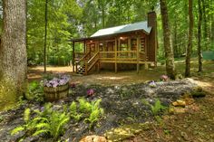 a log cabin in the woods surrounded by trees and flowers with a porch leading to it