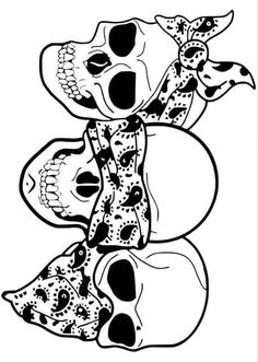 a black and white drawing of three skulls