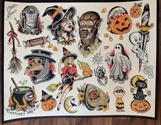 an image of halloween stickers on a tablecloth with pumpkins, witches and ghostes