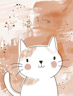 a white cat sitting on top of a wooden floor next to a pink and brown wall