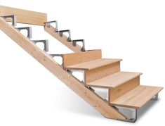 a wooden stair case with metal handrails and wood treading on the bottom