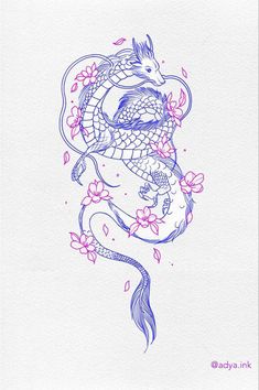 a drawing of a dragon with pink flowers on it's tail and the head of a