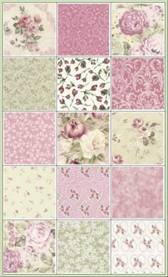 a bunch of pink and green flowers on different fabric types, all in different colors