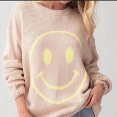 Never Worn! Fun Yellow Tops For Fall, Fun Yellow Fall Tops, Casual Winter Tops With Smiley Face, Casual Smiley Face Winter Tops, Trendy Yellow Soft Knit Sweater, Playful Yellow Sweater For Fall, Casual Yellow Soft Knit Sweater, Cute Yellow Sweater For Fall, Cute Yellow Fall Sweater