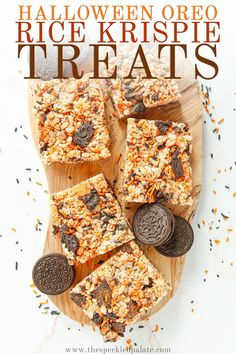 halloween oreo rice krispy treats on a wooden board