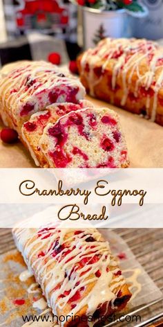 cranberry eggnog bread with icing on top and in the middle