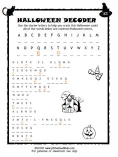 the halloween word search is shown in black and white with an image of a house on it