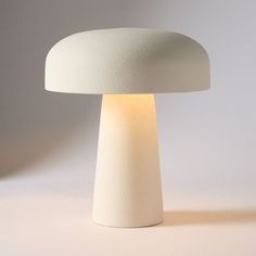 a white table lamp sitting on top of a counter