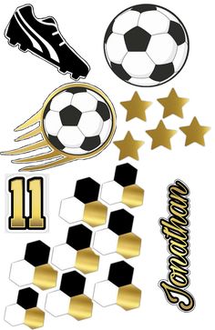 soccer stickers with gold stars and black and white designs on them, including the number 11