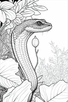 a coloring book page with an image of a snake in the middle of leaves and flowers