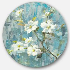 a painting of white flowers on a blue background