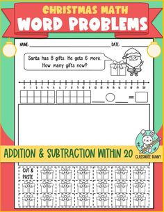 christmas math word problems worksheet for addition and subtraction with 20 words