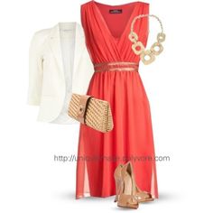 Pretty coral dress.. this would be perfect for cruise formal nights! would look good with my nude sandals. Spring Jacket, Coral Dress, White Blazer, Guest Outfit, Trendy Wedding, Night Outfits