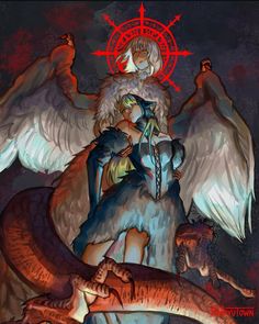 an angel with wings sitting on top of a giant dragon next to a demon and another creature