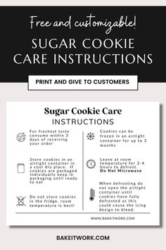 Follow the link to this FREE editable sugar cookie care card.  Print and send with customers so that they have simple clear instructions for transporting and storing their cookie orders! Cookie Order Form Template Free, Cookie Care Instructions, Cookie Cards Free Printable, Sugar Cookie Pricing Chart, Sugar Cookie Packaging Ideas, Sugar Cookie Business, Cookie Order Form, 100 Cupcakes