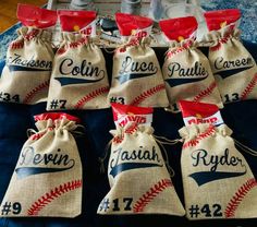 several bags with baseballs on them sitting on a blue cushion in the living room