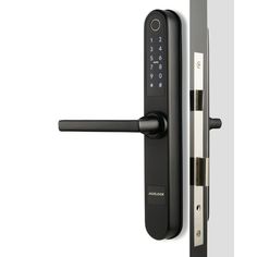 an electronic door handle on the outside of a black and silver door with keypad