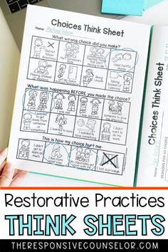 a hand holding an open book with the words restorative practices think sheets on it