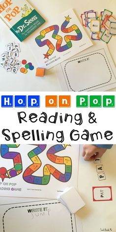 the top and bottom pages of a reading and spelling game with hands on paper next to them